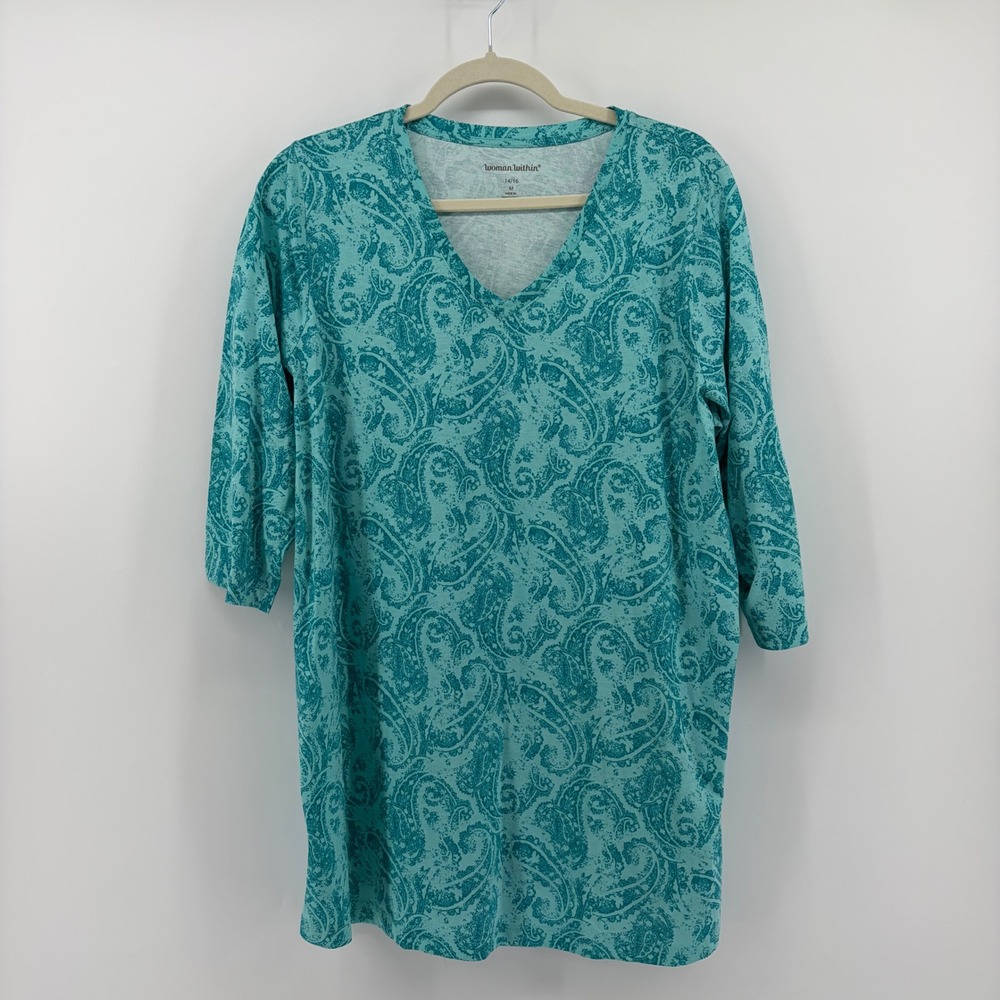 Woman Within Women 14/16 Teal Paisley V-Neck 3/4 Sleeve Cotton Tunic Top